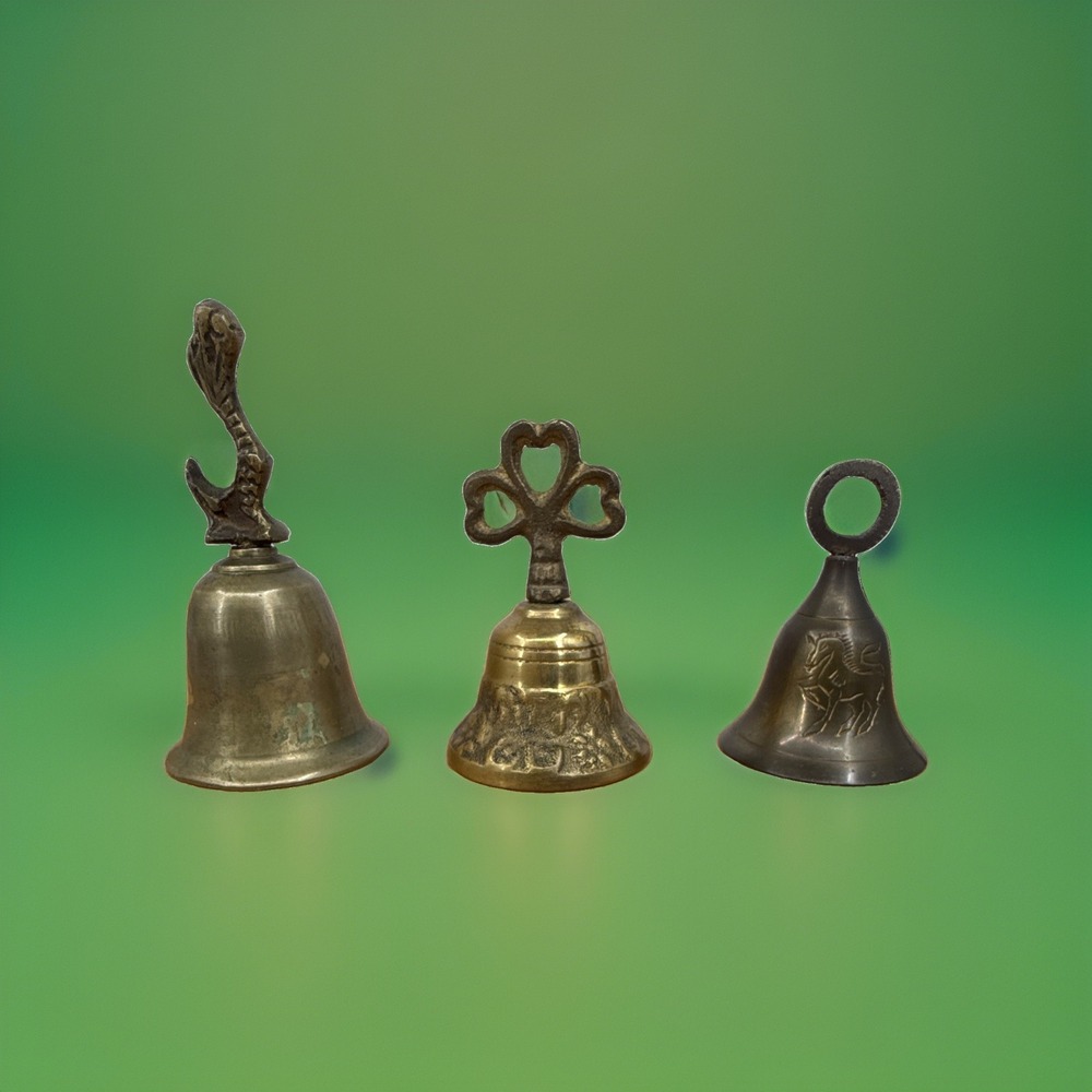 Lot of 3 Vintage Brass Bells Serpent Celtic Unicorn unpolished  mid century